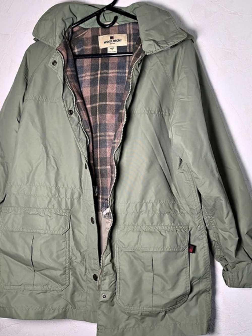 Vintage Woolrich Mountain Parka Jacket Green Plaid Flannel Lined Pockets MEDIUM - Picture 2 of 6